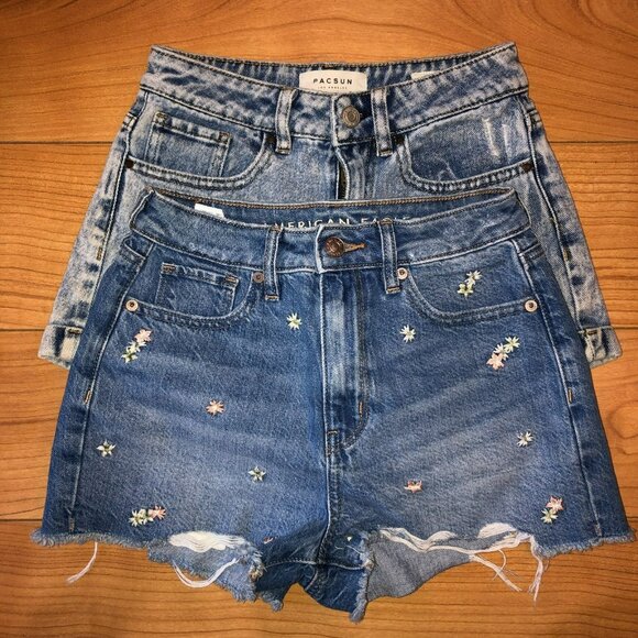 2 Pairs Shorts PacSun Mom Short American Eagle Cut Off Hot Pants Denim Size 23 - Picture 1 of 15